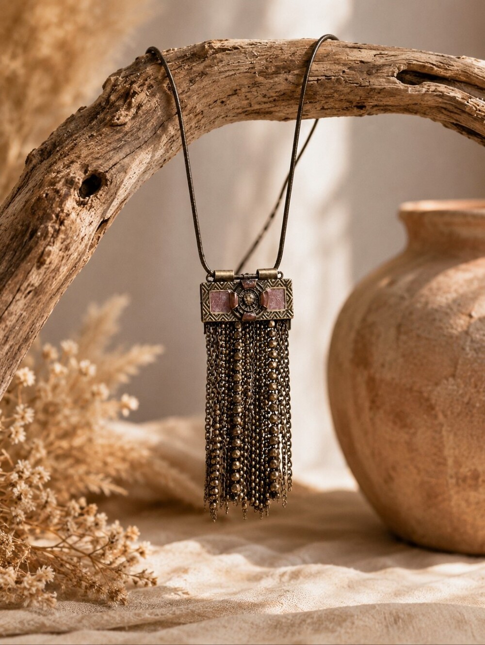 Boho Fringe Tassel Statement Necklace Pink Stone Rhinestone Pendant